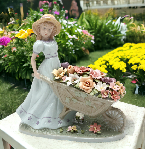 Ceramic Girl Pushing Flower Cart Figurine Home Décor Gift for Her Gift for Mom Spring Décor - Figurines