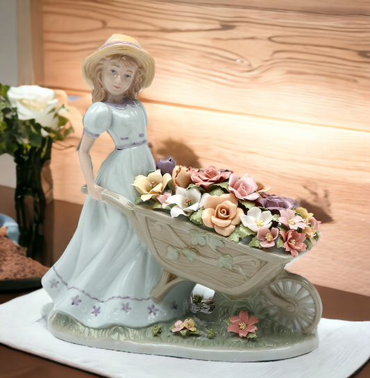 Ceramic Girl Pushing Flower Cart Figurine Home Décor Gift for Her Gift for Mom Spring Décor - Figurines