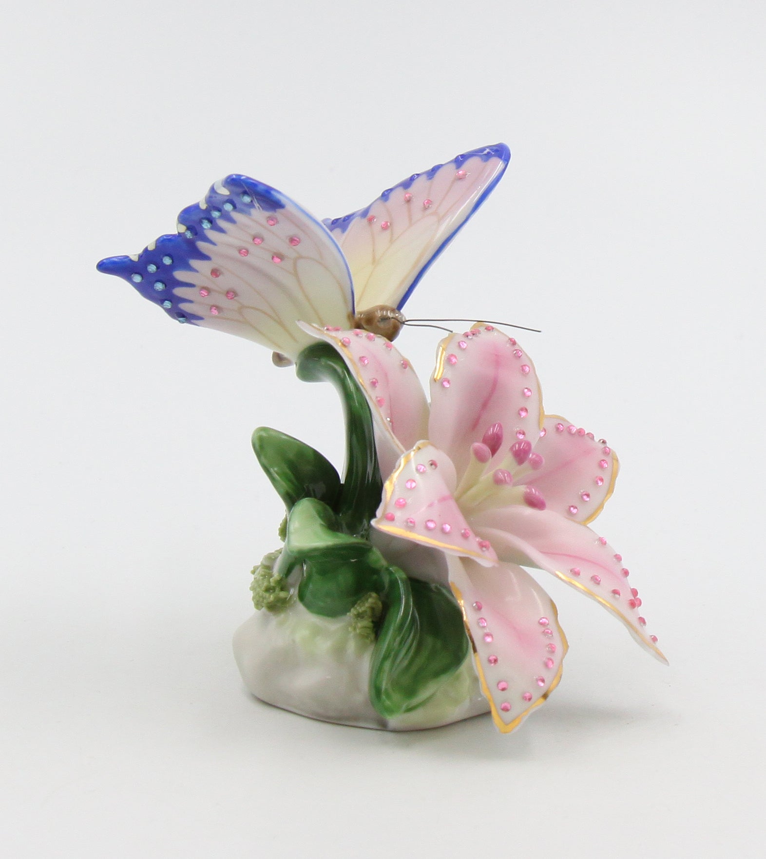 Ceramic Glittering Butterfly and Lily Flower in Bloom Figurine Home Décor Gift for Her Gift for Mom Nature Lover Décor
