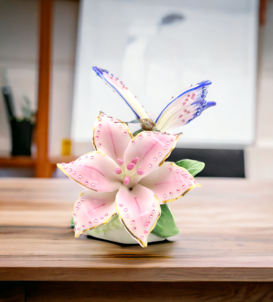 Ceramic Glittering Butterfly and Lily Flower in Bloom Figurine Home Décor Gift for Her Gift for Mom Nature Lover Décor