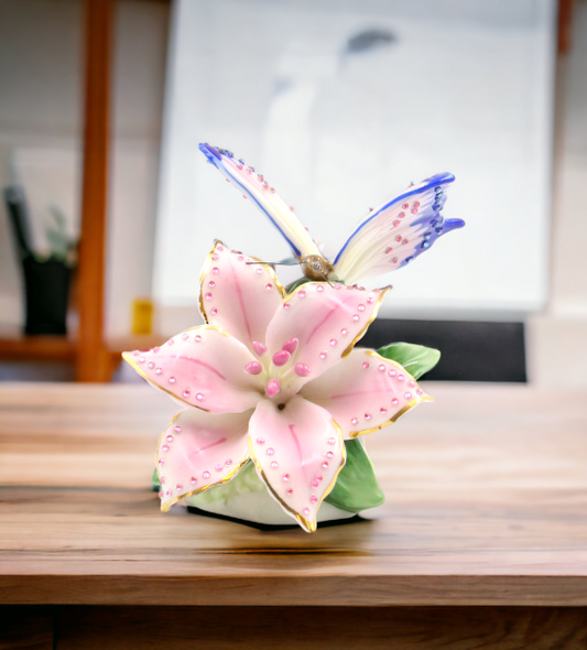 Ceramic Glittering Butterfly and Lily Flower in Bloom Figurine Home Décor Gift for Her Gift for Mom Nature Lover Décor