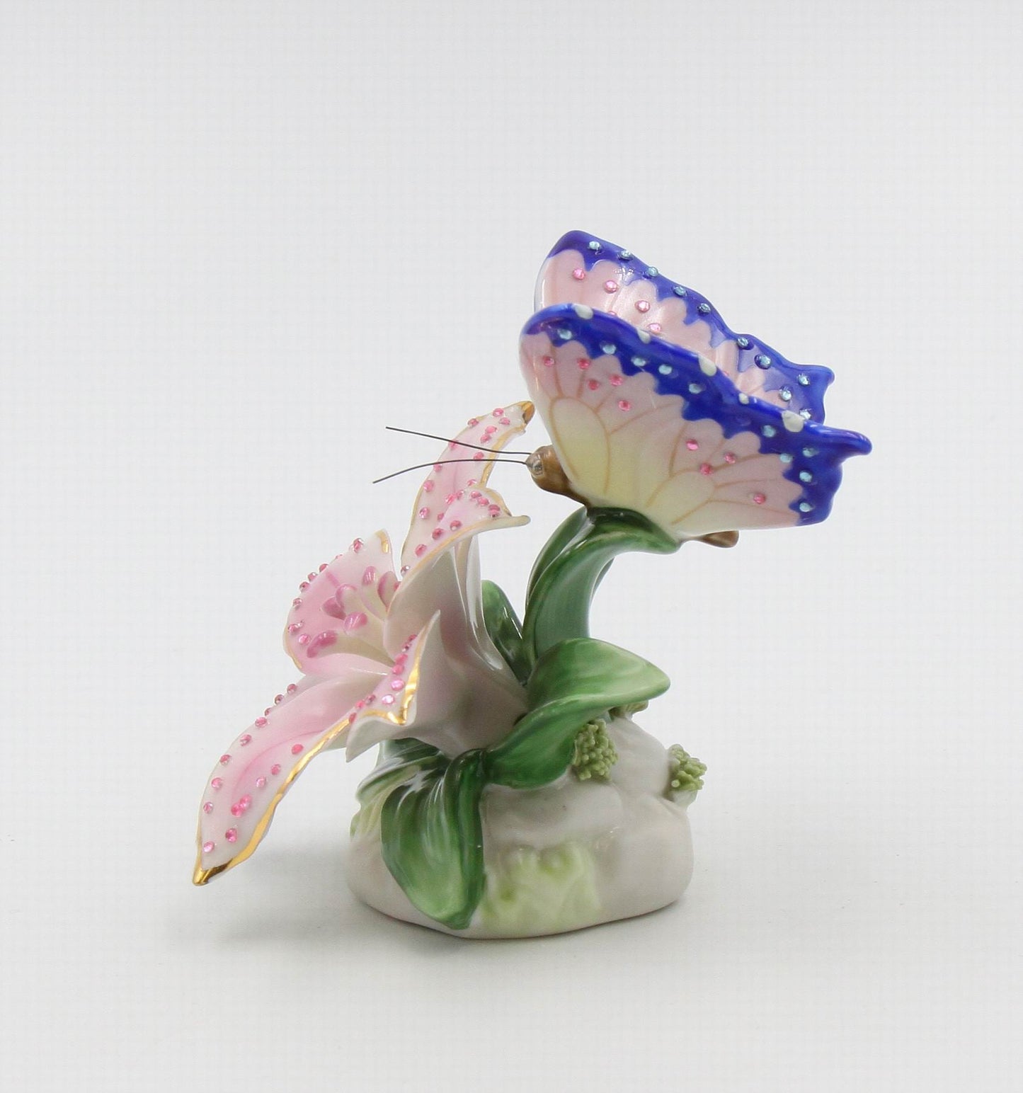 Ceramic Glittering Butterfly and Lily Flower in Bloom Figurine Home Décor Gift for Her Gift for Mom Nature Lover Décor