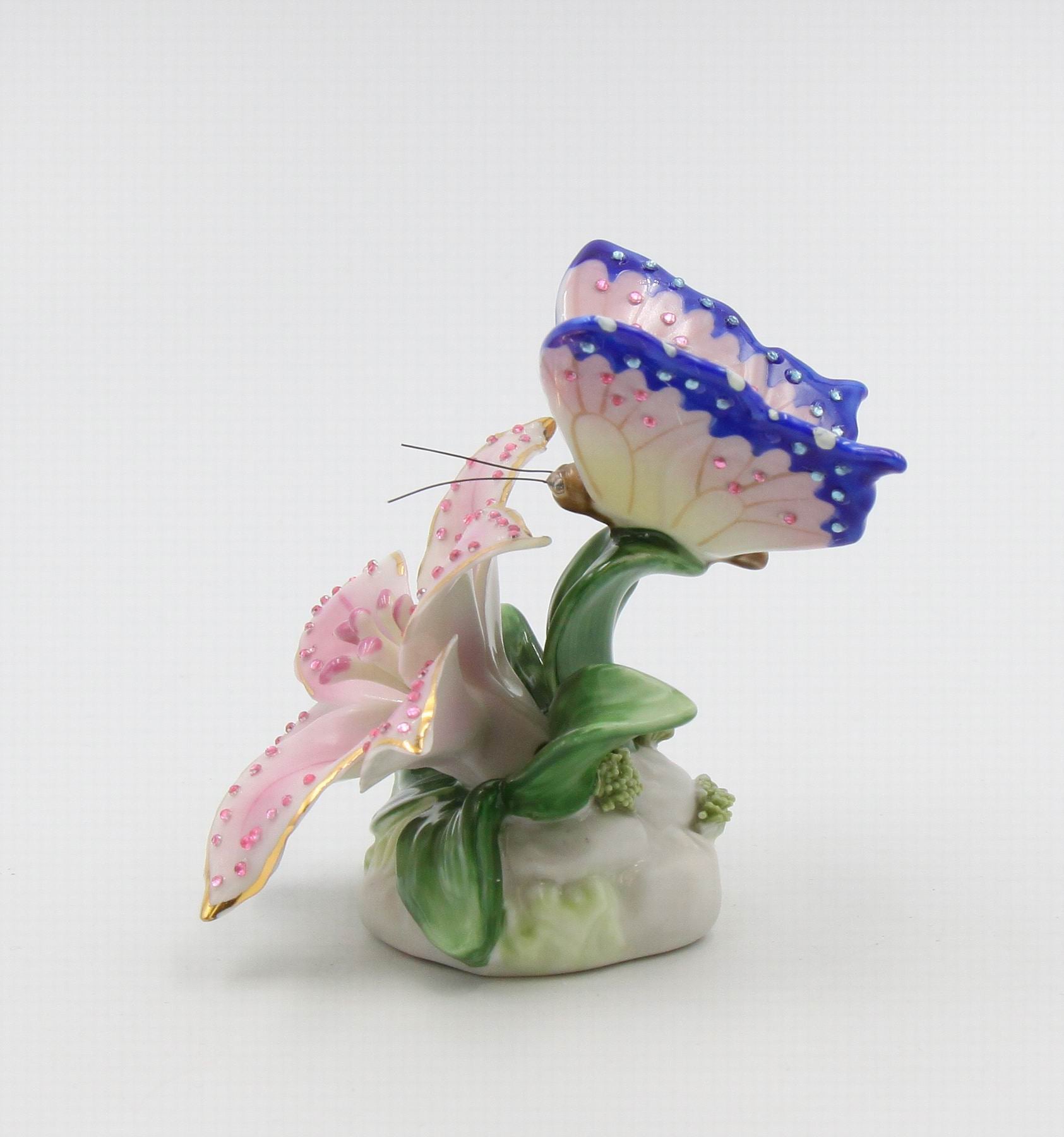 Ceramic Glittering Butterfly and Lily Flower in Bloom Figurine Home Décor Gift for Her Gift for Mom Nature Lover Décor