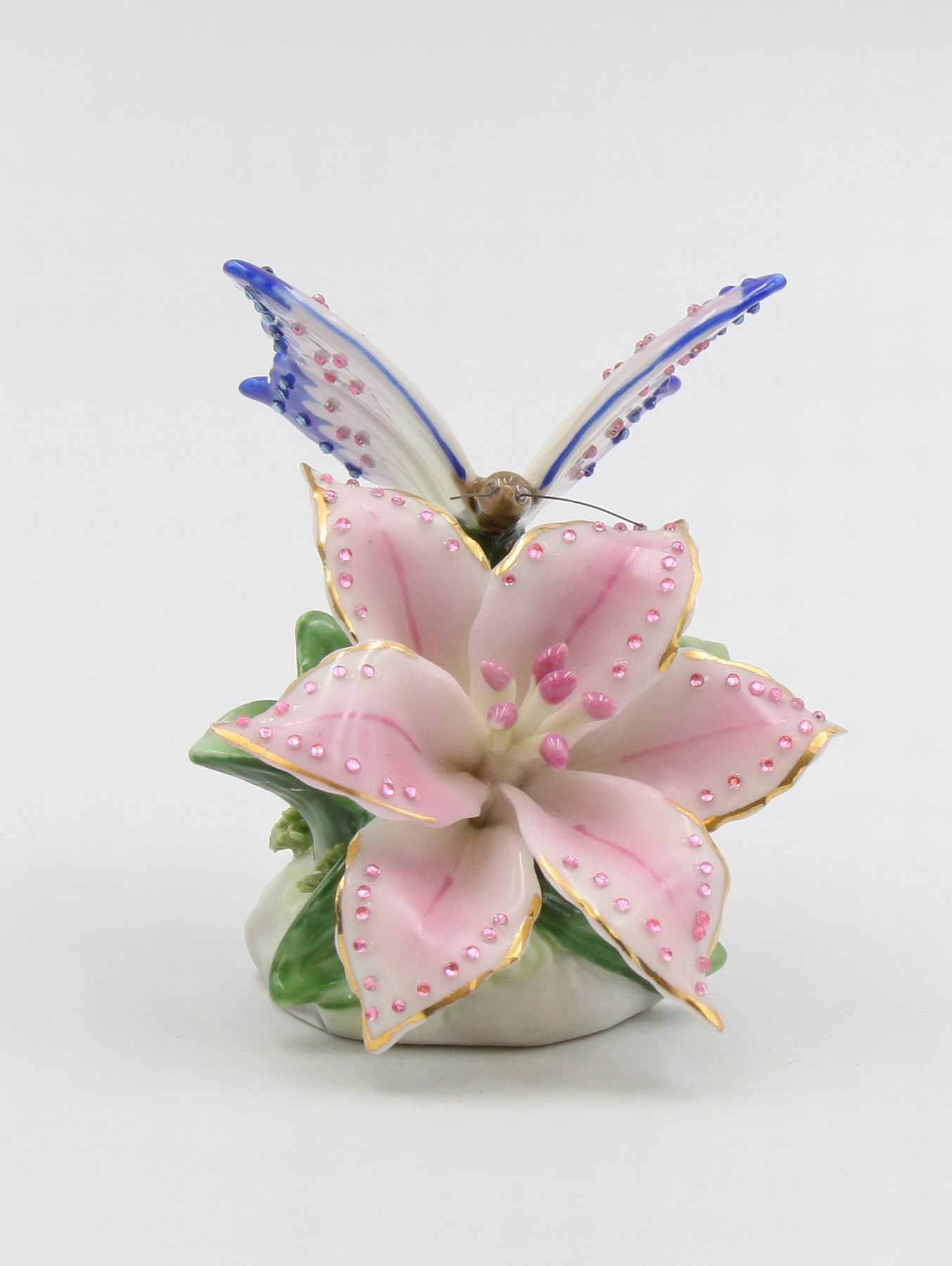 Ceramic Glittering Butterfly and Lily Flower in Bloom Figurine Home Décor Gift for Her Gift for Mom Nature Lover Décor