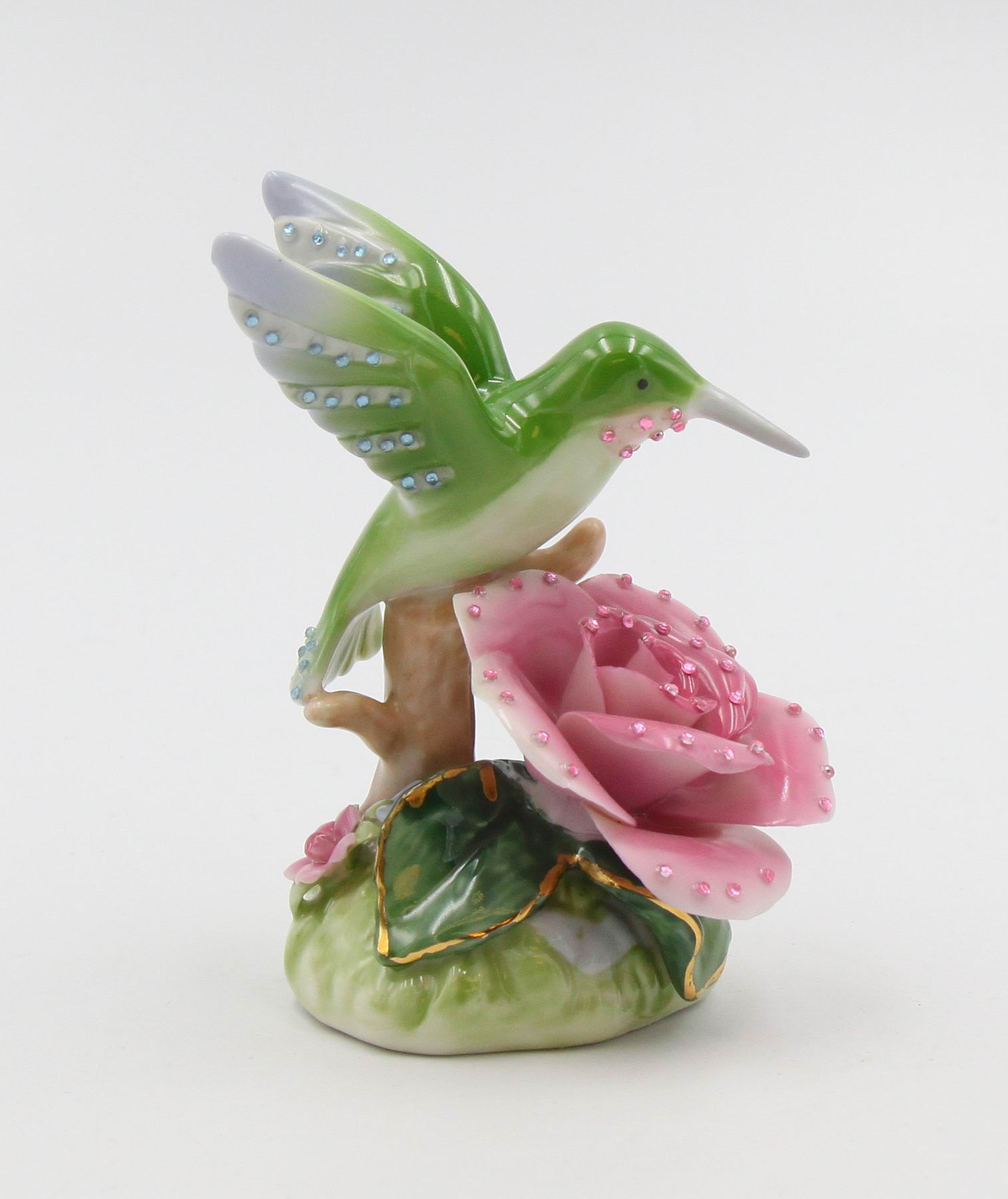 Ceramic Glittering Hummingbird With Pink Rose Flower Figurine Home Décor Gift for Her Gift for Mom Nature Lover Décor