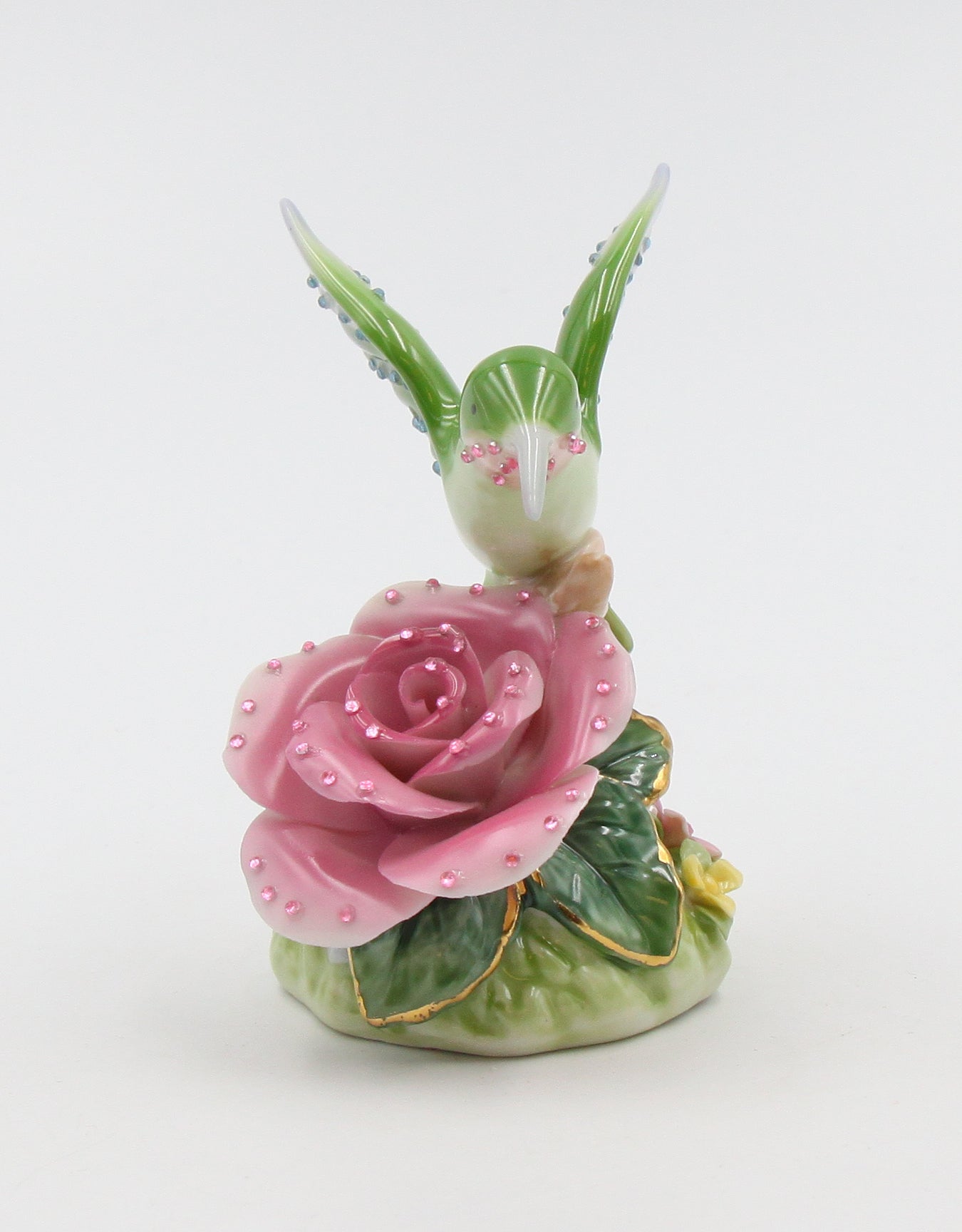 Ceramic Glittering Hummingbird With Pink Rose Flower Figurine Home Décor Gift for Her Gift for Mom Nature Lover Décor