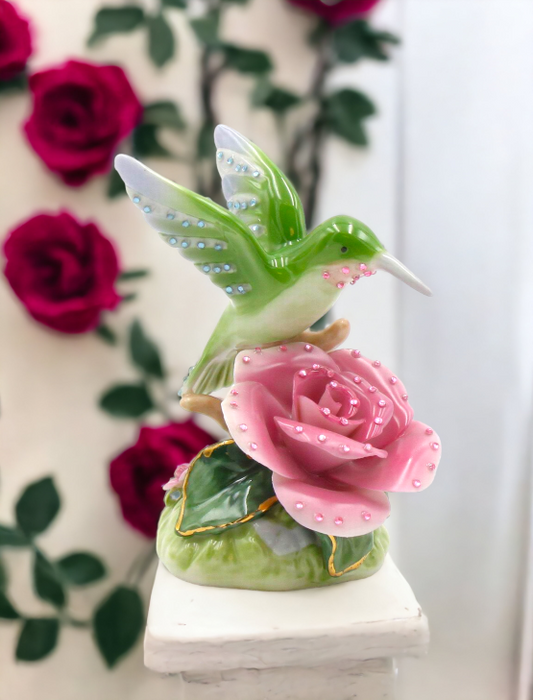 Ceramic Glittering Hummingbird With Pink Rose Flower Figurine Home Décor Gift for Her Gift for Mom Nature Lover Décor