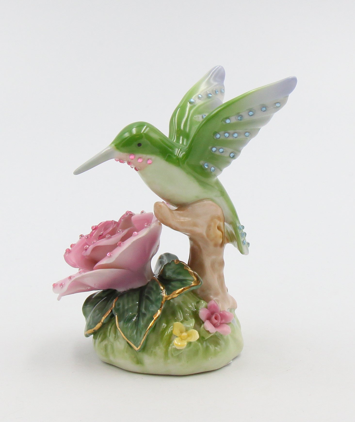Ceramic Glittering Hummingbird With Pink Rose Flower Figurine Home Décor Gift for Her Gift for Mom Nature Lover Décor