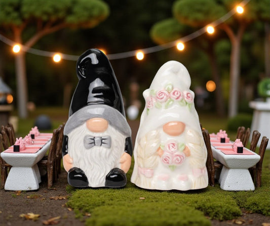 Ceramic Gnome Bride and Groom Salt and Pepper Shakers Wedding Decor Wedding Gift Fairy Garden Decor Gnome Collector