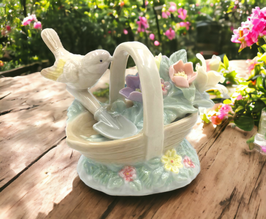Ceramic Goldfinch Bird With Floral Basket Figurine Home Décor Gift for Her Gift for Mom Kitchen Décor Birdwatcher Gift