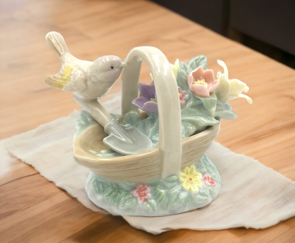 Ceramic Goldfinch Bird With Floral Basket Figurine Home Décor Gift for Her Gift for Mom Kitchen Décor Birdwatcher Gift