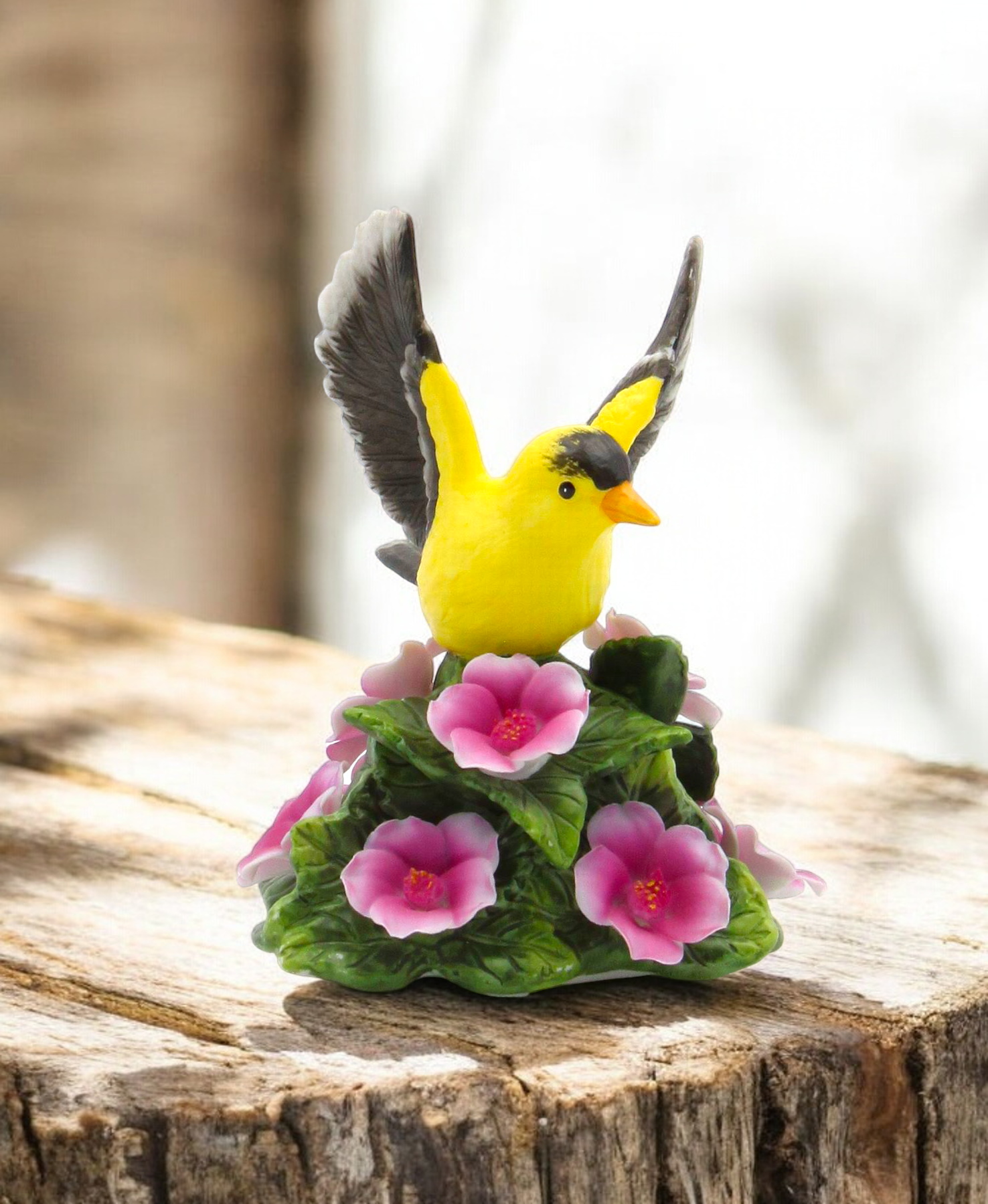 Ceramic Goldfinch Bird with Flowers Figurine Bird Watcher Gift Vintage Decor Garden Decor Gift for Her Gift for Mom