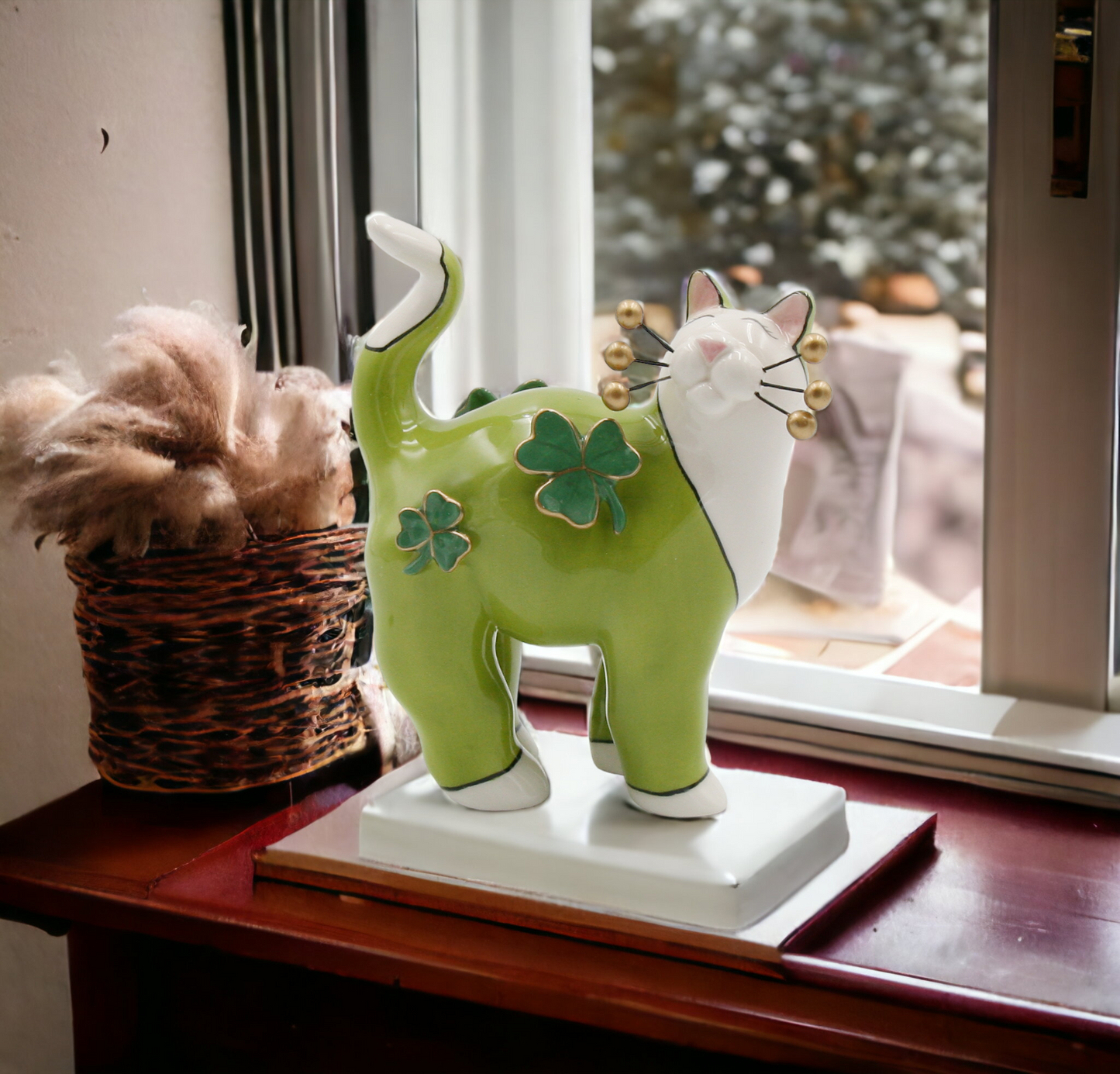 Ceramic Green Cat with Shamrocks and Golden Bead Whiskers Figurine Home Décor Gift for Her Gift for Mom Irish Saint