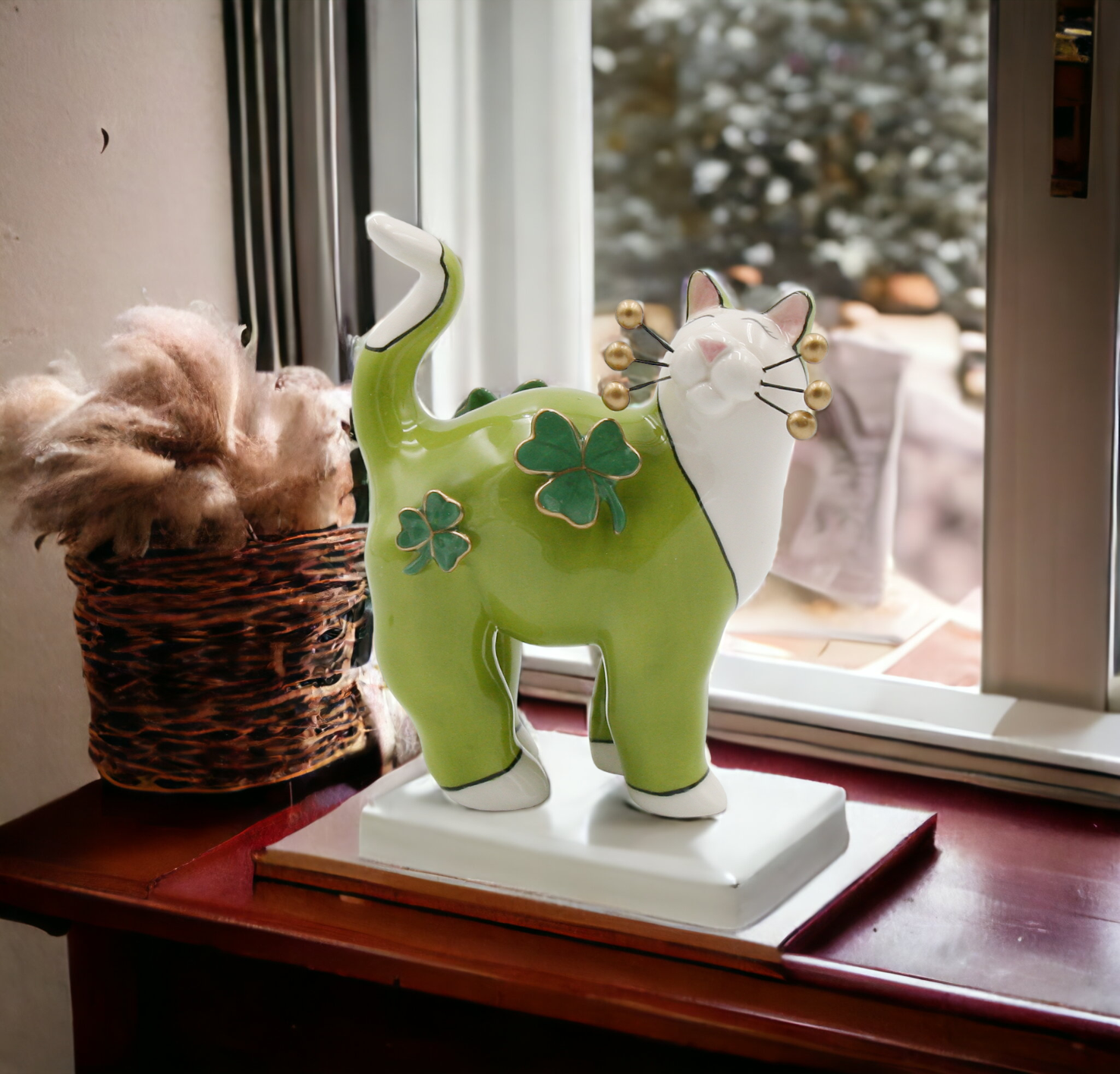 Ceramic Green Cat with Shamrocks and Golden Bead Whiskers Figurine Home Décor Gift for Her Gift for Mom Irish Saint