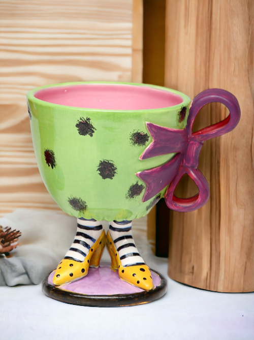 Ceramic Green Cup with Purple Bow on Yellow Heels Home Décor Gift for Her Mom Friend or Coworker Kitchen Décor Office