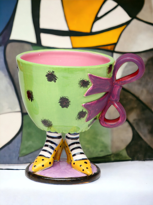 Ceramic Green Cup with Purple Bow on Yellow Heels Home Décor Gift for Her Mom Friend or Coworker Kitchen Décor Office