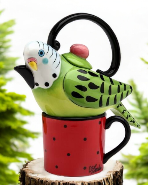 Ceramic Green Parakeet Bird Tea for One Afternoon Tea Party Bird Watcher Gift Gift for Her - tea