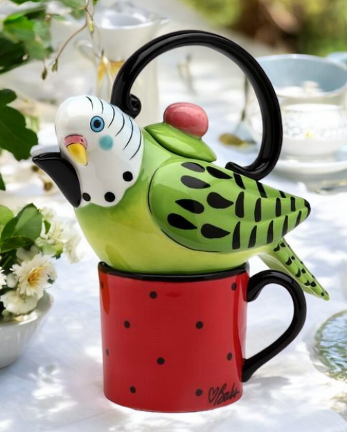 Ceramic Green Parakeet Bird Tea for One Afternoon Tea Party Bird Watcher Gift Gift for Her - tea