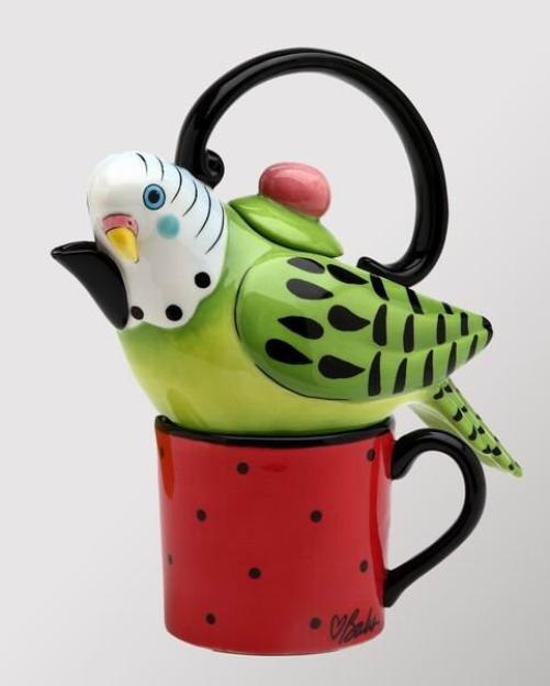 Ceramic Green Parakeet Bird Tea for One Afternoon Tea Party Bird Watcher Gift Gift for Her - tea