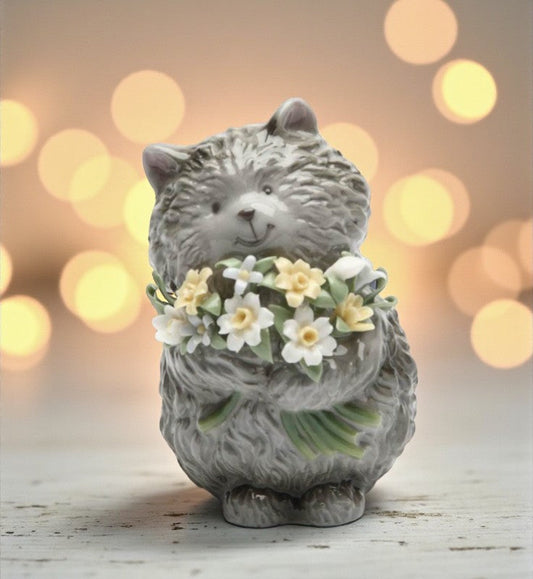 Ceramic Grey Cat with Flowers Figurine Cat Lover Gift Gift for Her Gift for Mom Home Decor - Figurine