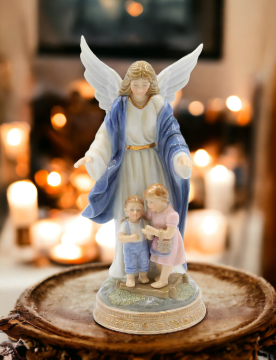 Ceramic Guardian Angel Protecting Children Figurine Home Décor Religious Décor Religious Gift Church Décor Baptism Gift