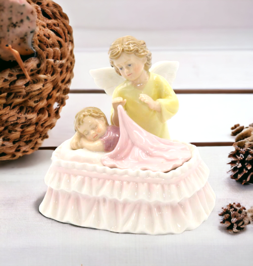 Ceramic Guardian Angel Watching Over Baby Music Box Baptism Gift Nursery Room Decor Baby Shower Gift Religious Decor