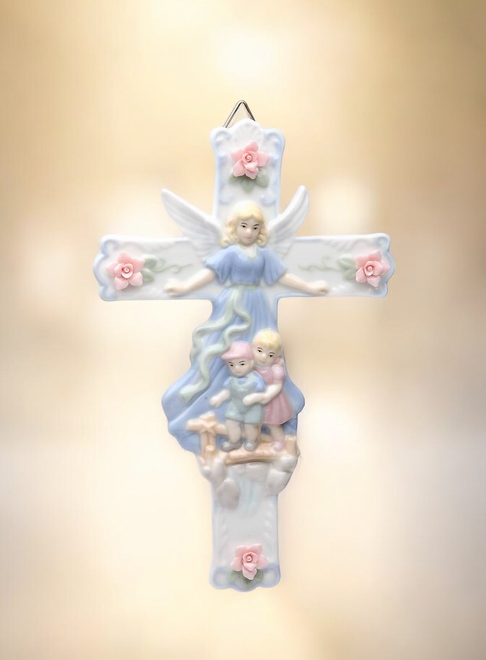 Ceramic Guardian Angel Watching Over Children Cross Religious Decor or Gift Baptism Gift - wall decor