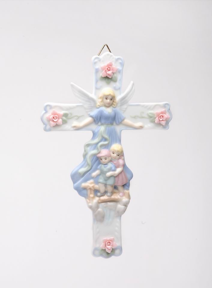 Ceramic Guardian Angel Watching Over Children Cross Religious Decor or Gift Baptism Gift - wall decor