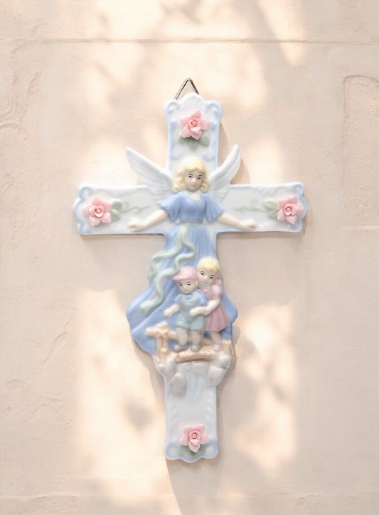 Ceramic Guardian Angel Watching Over Children Cross Religious Decor or Gift Baptism Gift - wall decor