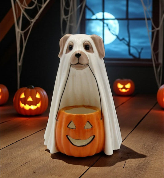 Ceramic Halloween Ghost Dog Holding Pumpkin Jack-O-Lantern T-light Candle Holder Home Décor Gift for Her Gift for Mom
