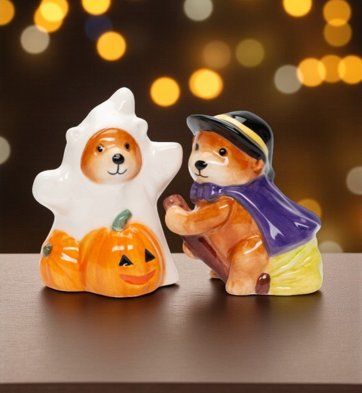 Ceramic Halloween Teddy Bear Witch and Ghost Salt and Pepper Shakers Gift for Her Mom Kitchen Décor Fall Décor - Salt &