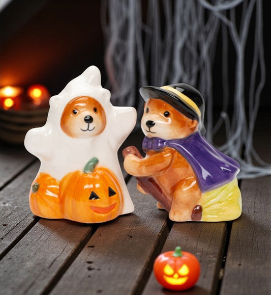 Ceramic Halloween Teddy Bear Witch and Ghost Salt and Pepper Shakers Gift for Her Mom Kitchen Décor Fall Décor - Salt &