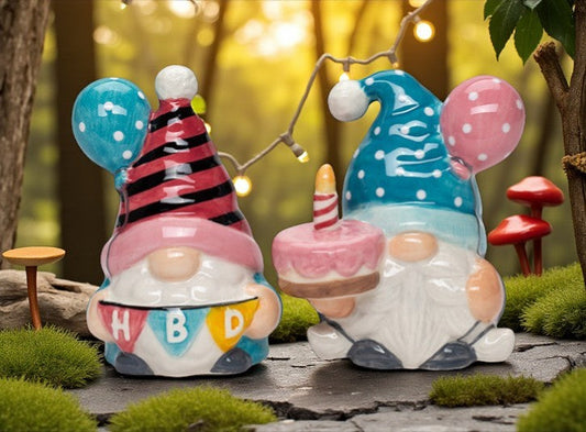 Ceramic Happy Birthday Gnome Salt and Pepper Shakers Birthday Party Decor Fairy Garden Decor Gnome Collector Gift
