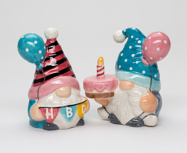 Ceramic Happy Birthday Gnome Salt and Pepper Shakers Birthday Party Decor Fairy Garden Decor Gnome Collector Gift