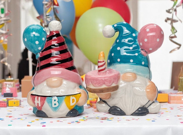 Ceramic Happy Birthday Gnome Salt and Pepper Shakers Birthday Party Decor Fairy Garden Decor Gnome Collector Gift