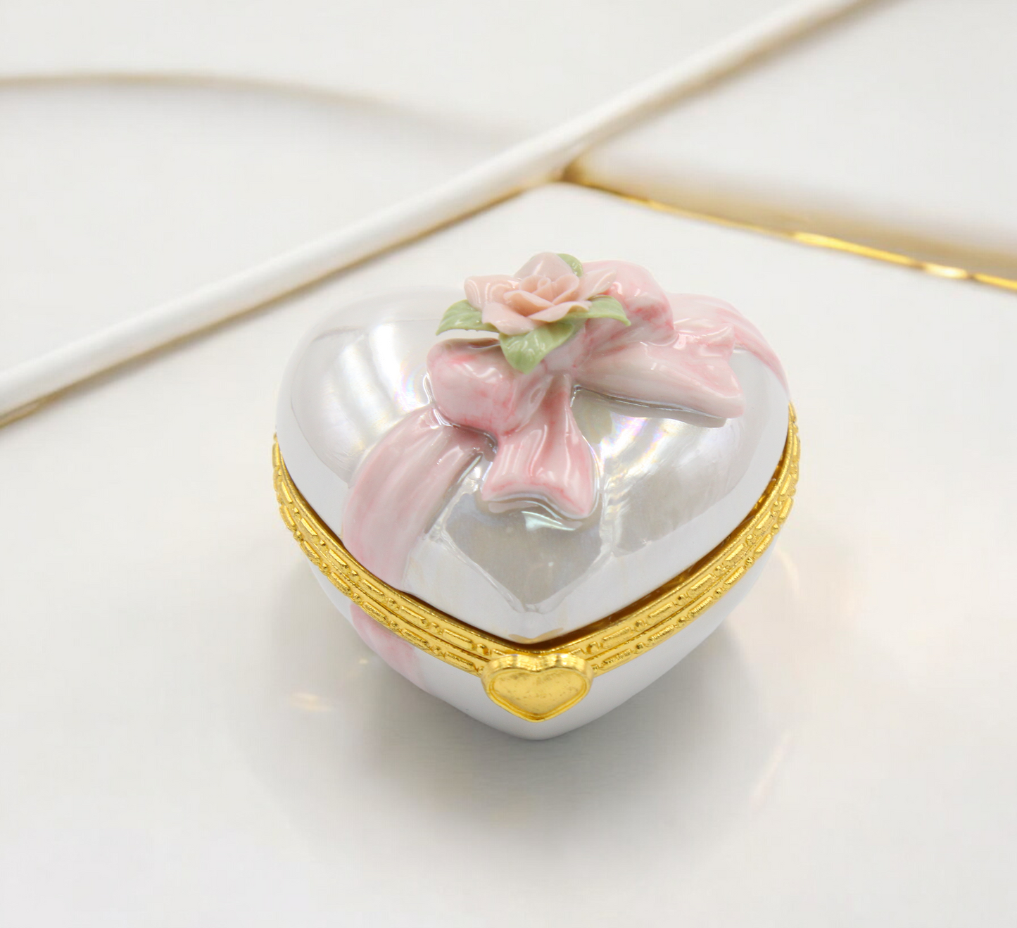Ceramic Heart Shape Hinge Box with Flower Home Decor Gift for Her Gift for Mom - jewelry box