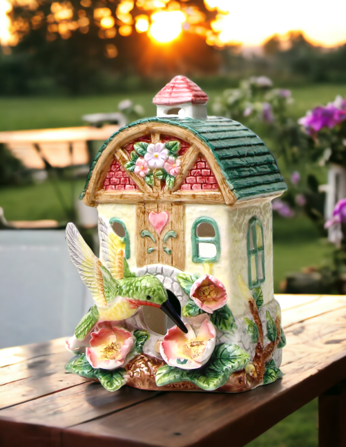 Ceramic Hummingbird Birdhouse Figurine Home Décor Gift for Her Gift for Mom Kitchen Décor Birdwatcher Gift Vintage