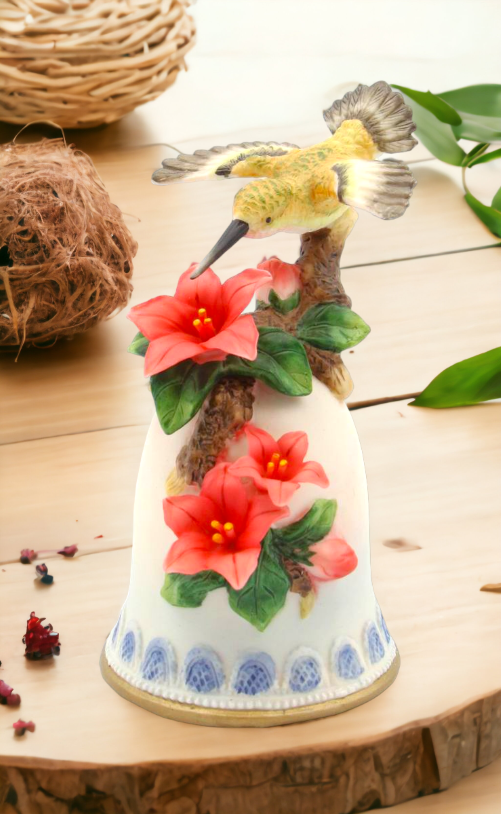 Ceramic Hummingbird with Azalea Flower Bell Home Décor Gift for Her Mom Kitchen Décor Birdwatcher Gift Vintage Decor