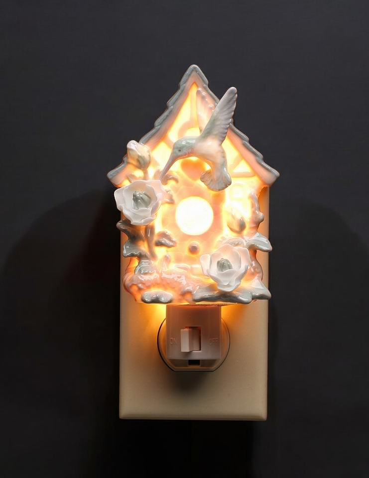 Ceramic Hummingbird with Birdhouse Plug-In Nightlight Bird Watcher Gift Garden Decor Home Decor Gift for Her Gift