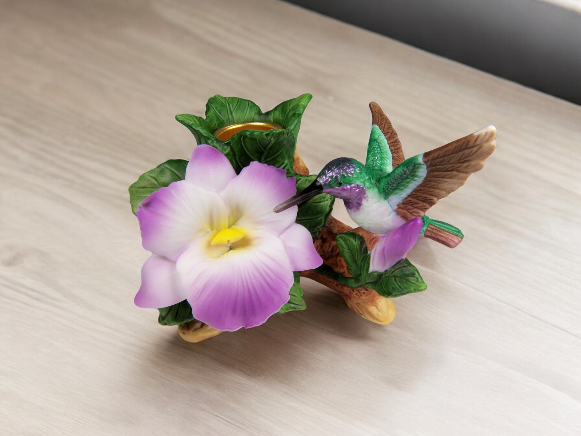 Ceramic Hummingbird with Flower Candle Holder Home Decor Gift for Her Gift for Mom Birdwatcher Gift - Candle holder