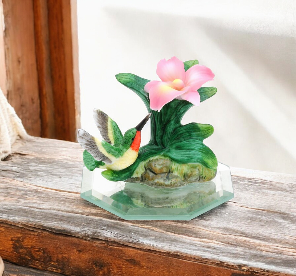 Ceramic Hummingbird with Flower on Glass Base Figurine Birdwatcher Gift Gift for Her Gift for Mom Home Decor - Figurine