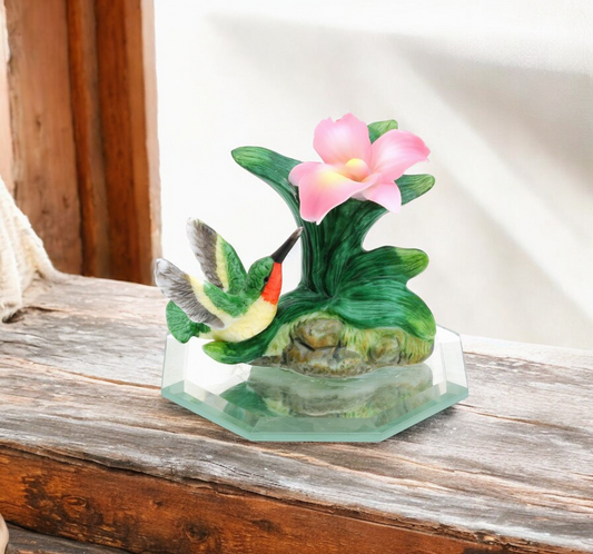 Ceramic Hummingbird with Flower on Glass Base Figurine Birdwatcher Gift Gift for Her Gift for Mom Home Decor - Figurine