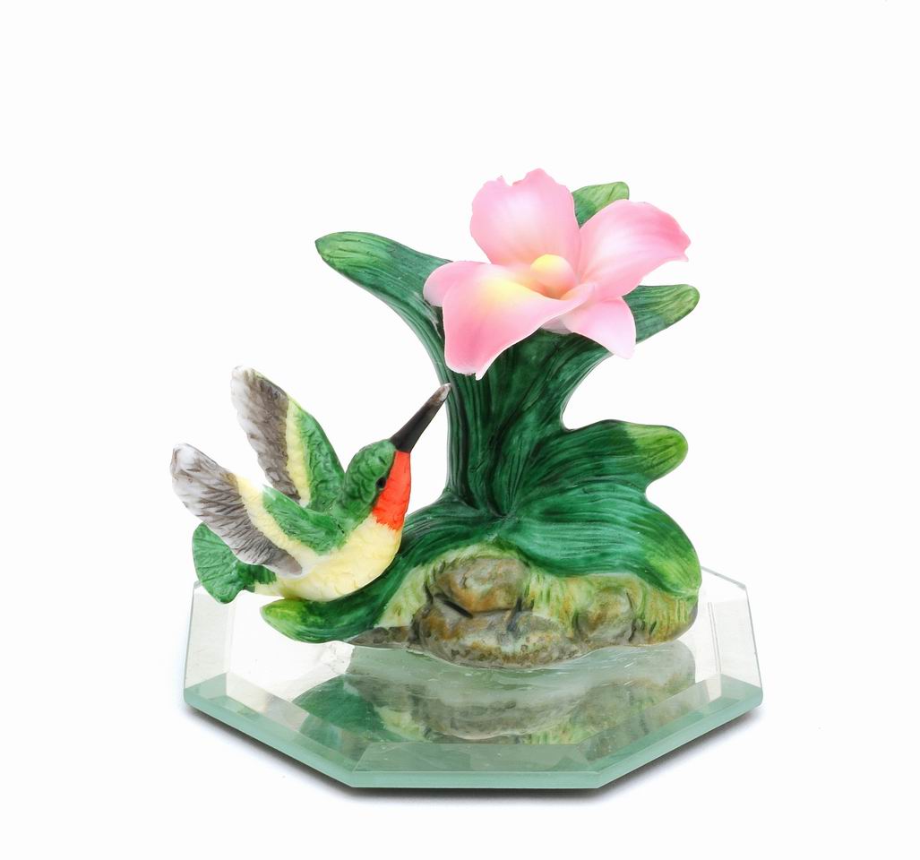 Ceramic Hummingbird with Flower on Glass Base Figurine Birdwatcher Gift Gift for Her Gift for Mom Home Decor - Figurine