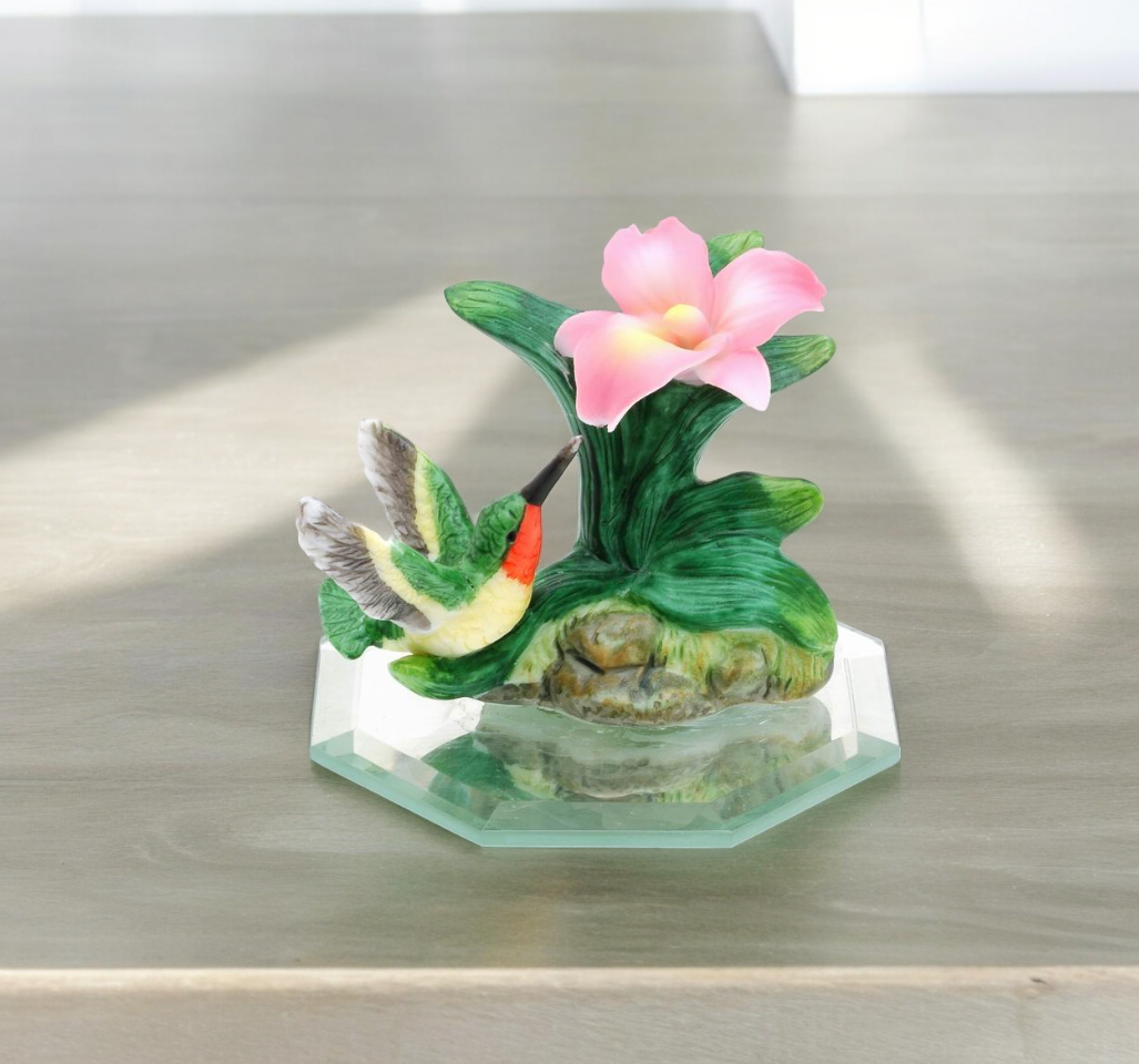 Ceramic Hummingbird with Flower on Glass Base Figurine Birdwatcher Gift Gift for Her Gift for Mom Home Decor - Figurine