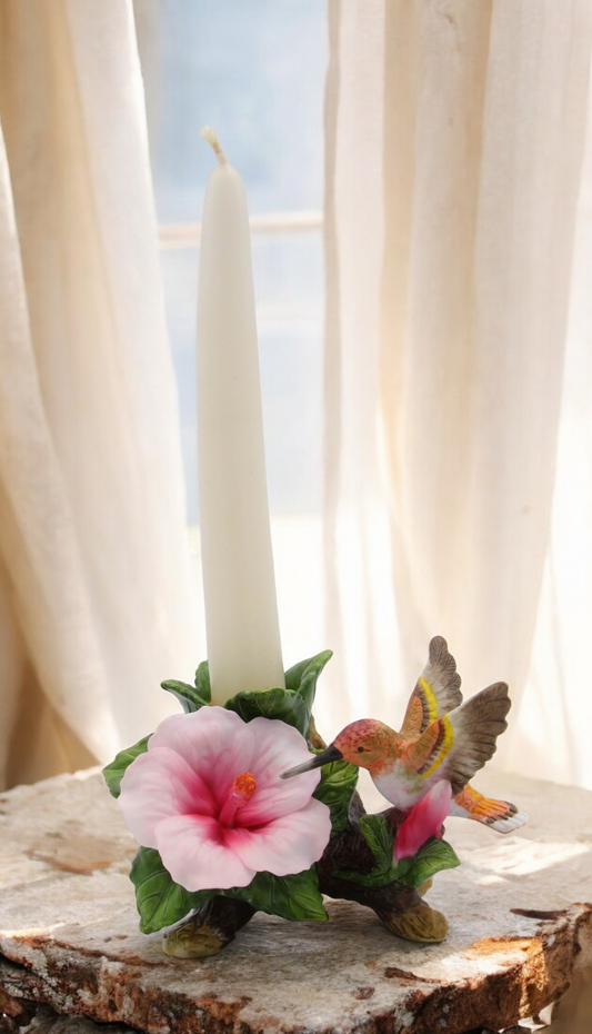 Ceramic Hummingbird with Hibiscus Flower Candle Holder (Candle NOT Included) Birdwatcher Gift Home Decor Gift for Her