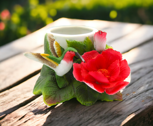 Ceramic Hummingbird with Hibiscus Flower Votive Candle Holder Home Décor Gift for Her Gift for Mom Birdwatcher Gift