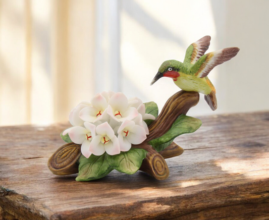 Ceramic Hummingbird with Hydrangea Flower Figurine Garden Decor Vintage Decor Bird Watcher Gift Gift for Her Gift