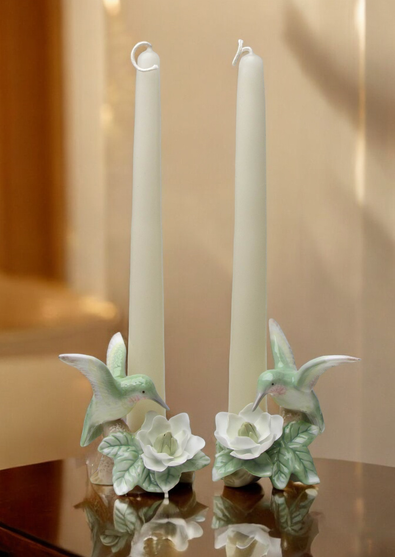 Ceramic Hummingbird with Magnolia Flower Candle Holder - Set of 2 Garden Decor Vintage Decor Gift for Her Gift for Mom