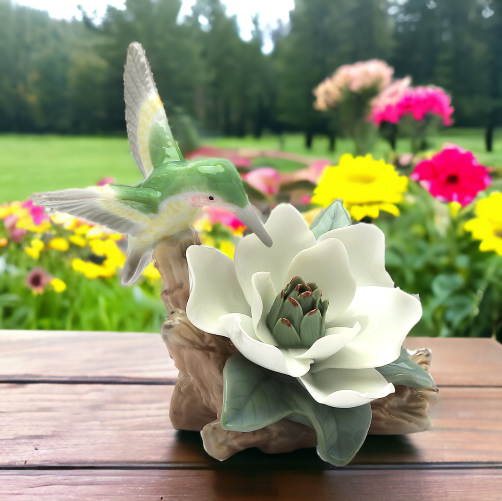 Ceramic Hummingbird with Magnolia Flower Figurine Home Décor Gift for Her Gift for Mom Kitchen Décor Birdwatcher Gift