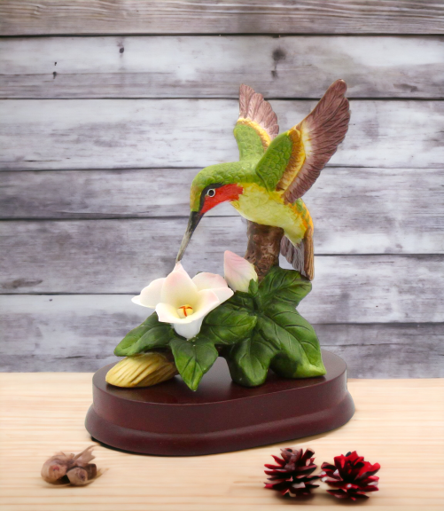 Ceramic Hummingbird with Magnolia Flower on Wood Base Figurine Home Décor Gift for Her Mom Birdwatcher Gift Vintage